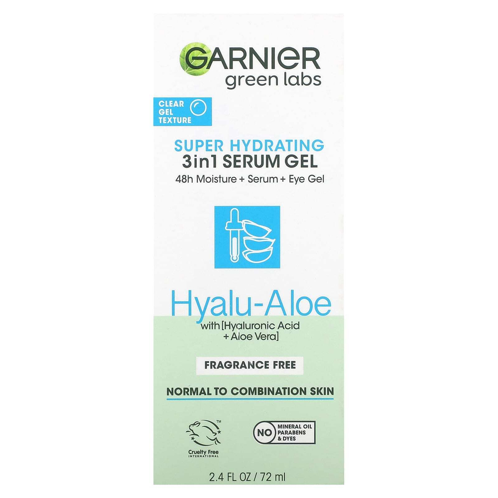 Garnier, Green Labs, суперувлажняющая сыворотка-гель 3 в 1, гиалу и алоэ, без отдушек, 72 мл (2,4 жидк. унц.)