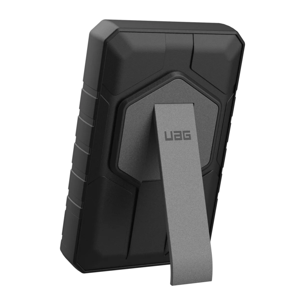 Внешний аккумулятор MagSafe с подставкой UAG Rugged 10K (10000 мА·ч) Беспроводная зарядка: Qi 10 Вт. Проводная зарядка: USB-C. Есть LED-индикация. Энергоёмкость — 38,5 Вт·ч. Максимальная выходная мощность — 20 Вт