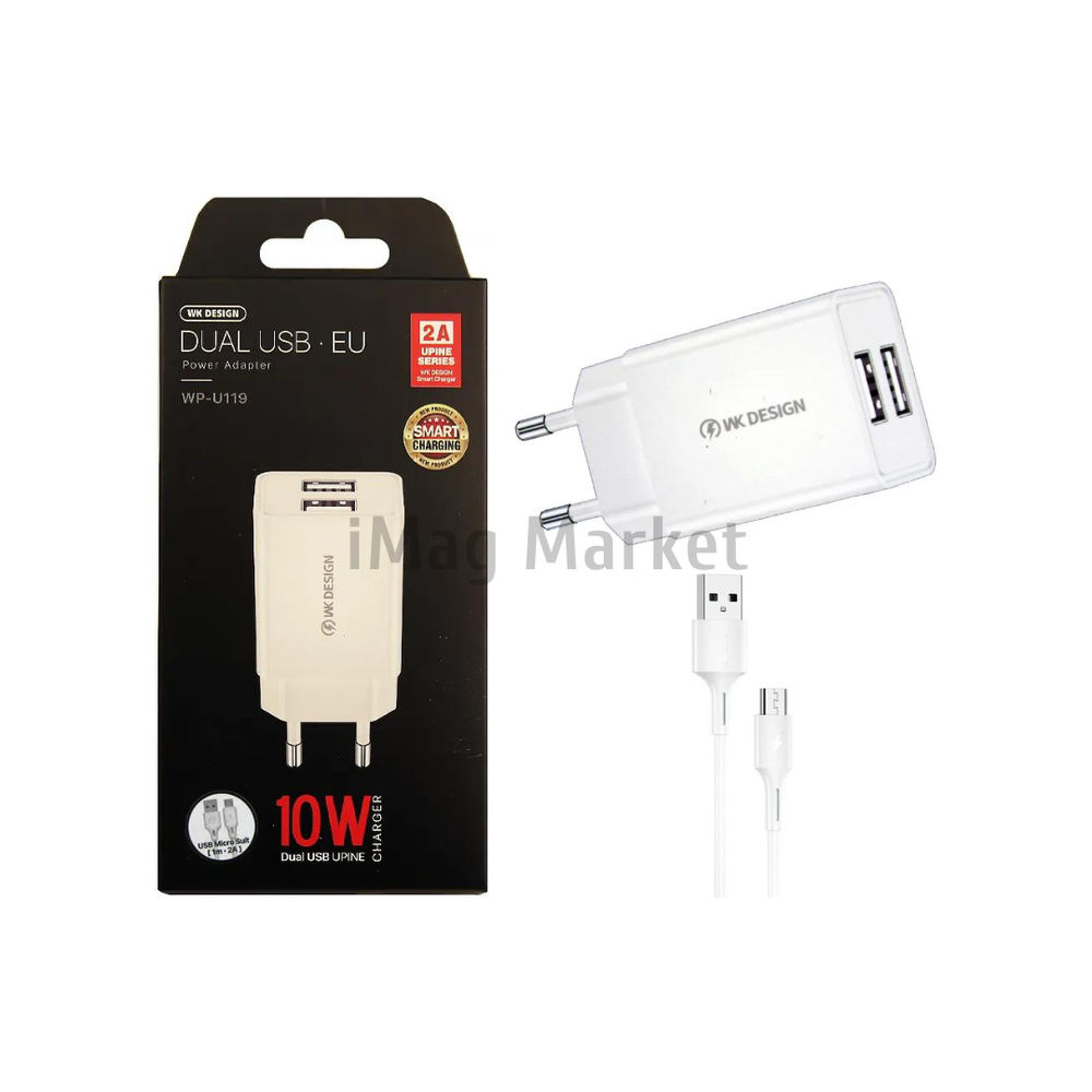 Сетевое зарядное устройство WK Kingkong WP-U119m, 2 USB-A, 10W, 2A + кабель micro-USB, 1 м, белый
