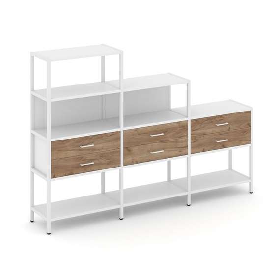 Shelf System Трехсекционный стеллаж четырех/трех/двухярусный с ящиками SN.STM-431 Белый/Дуб Табак/Ме