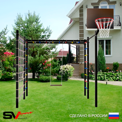 Уличная шведская стенка Sv Sport рукоход с комплектом турник прямой 2шт У5036К (Деревянные/Щит баскет/Сетка)