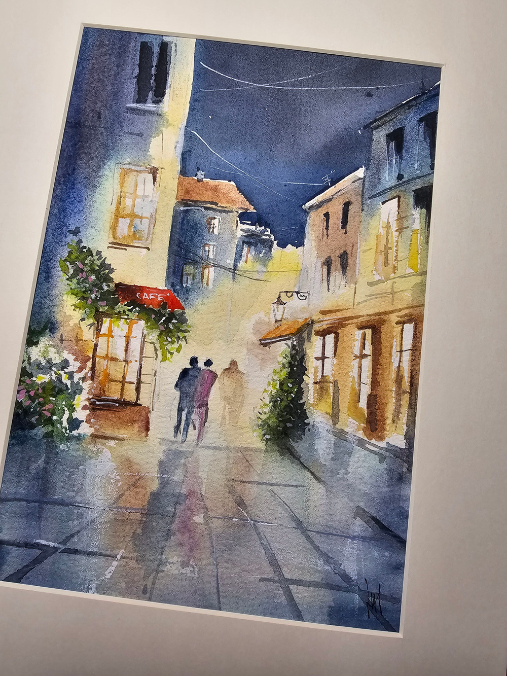 Картина авторская акварельная в паспарту 21х30 см на стену для интерьера "Вечерняя прогулка"