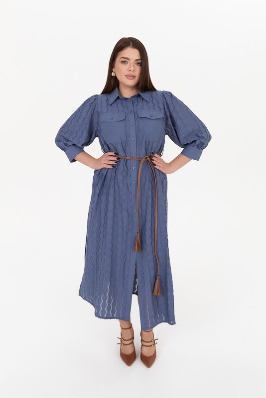 Платье-рубашка из вискозы жаккард, индиго