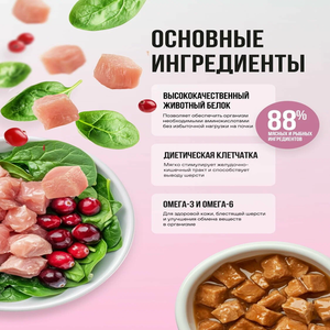 Пауч кусочки в соусе BOWL WOW для здоровой кожи и шерсти кошек, с индейкой и шпинатом