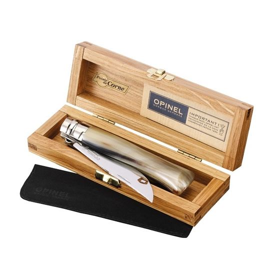 Складной нож Opinel №8, нержавеющая сталь, полированный клинок, рукоять светлый рог буйвола, дерев футляр c клинком из стали Sandvik™ 12С27