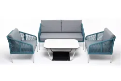 "Канны" лаунж-зона 4-местная из роупа со столом "Гранада" (молочный), каркас алюминиевый светло-серый, роуп бирюзовый