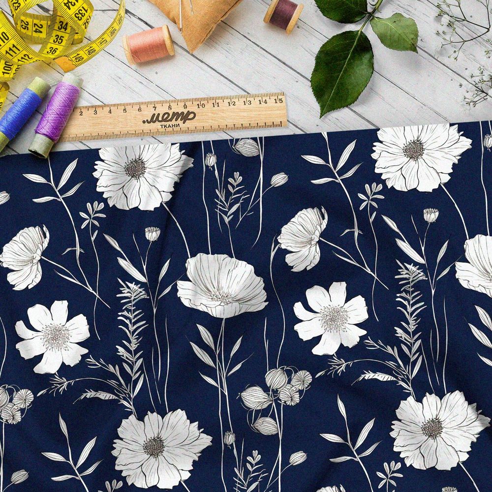 Ткань премиум флис белые полевые цветы на белом