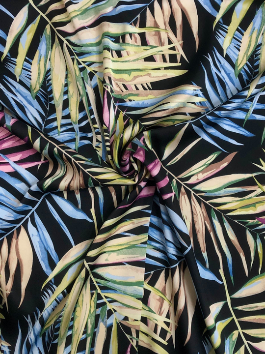 Плательная принт, листья голуб/розов/беж на черном BAVARIA D89