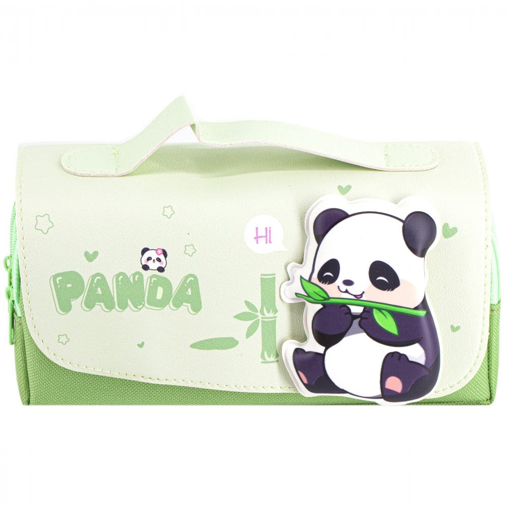 Пенал - косметичка Alingar, ПВХ/ткань, молния, 2 отделения, боковой карман, липучка, ручка, 190 х 80 х 50 мм, "PANDA", зеленый, европодвес