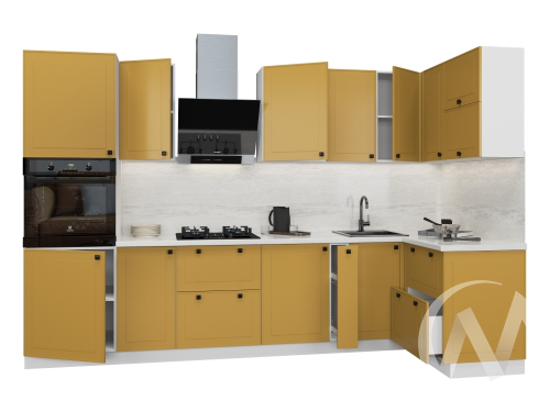 Кухня "Перфетта": горчица софт комплектация 4 (корпус белый)