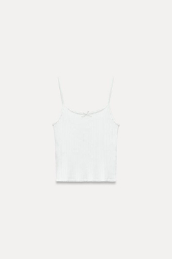 ZARA БЕСШОВНЫЙ КРОП-ТОП В РУБЧИК С БАНТИКОМ, ЖЕЛТОВАТО-БЕЛЫЙ