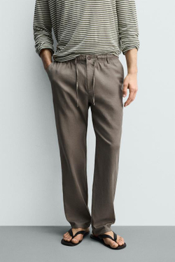 ZARA БРЮКИ RELAXED FIT ИЗ ХЛОПКА И ЛЬНА, СЕРО-КОРИЧНЕВЫЙ