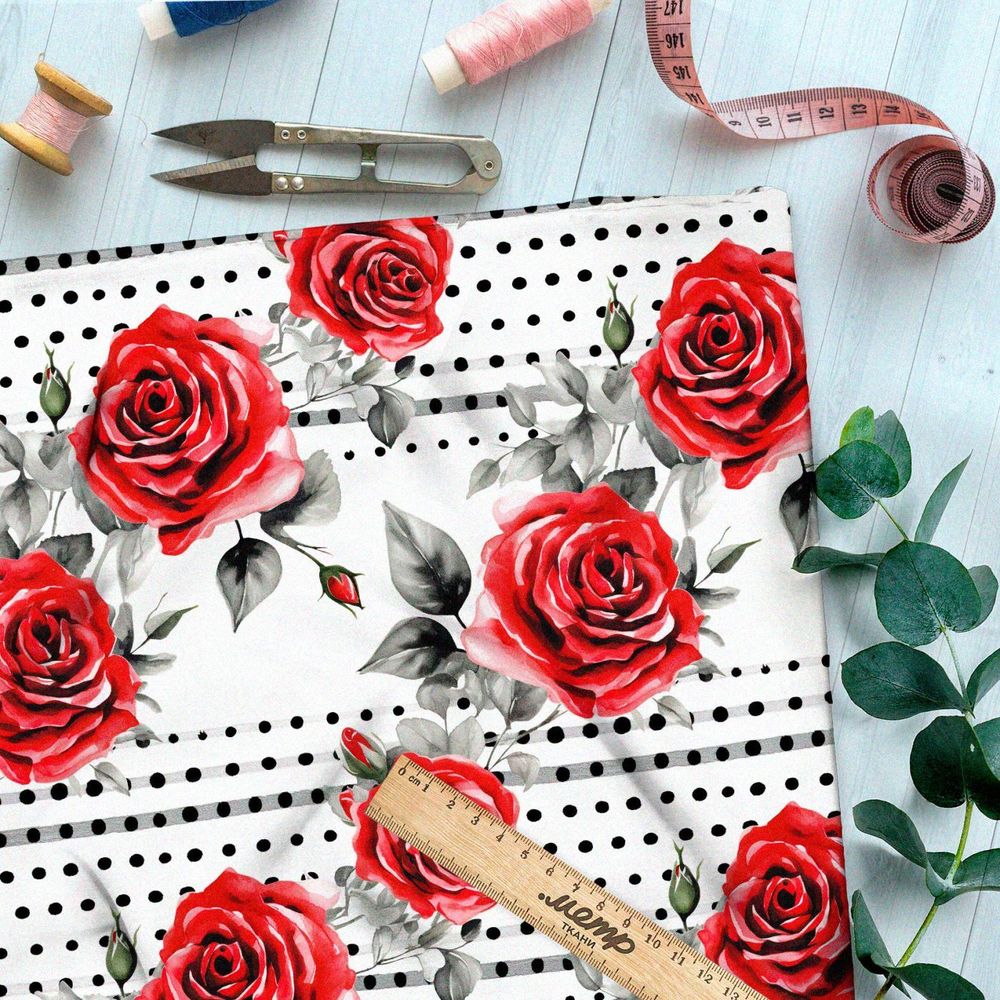 Ткань премиум шелк искусственный Армани розы на черном горохе