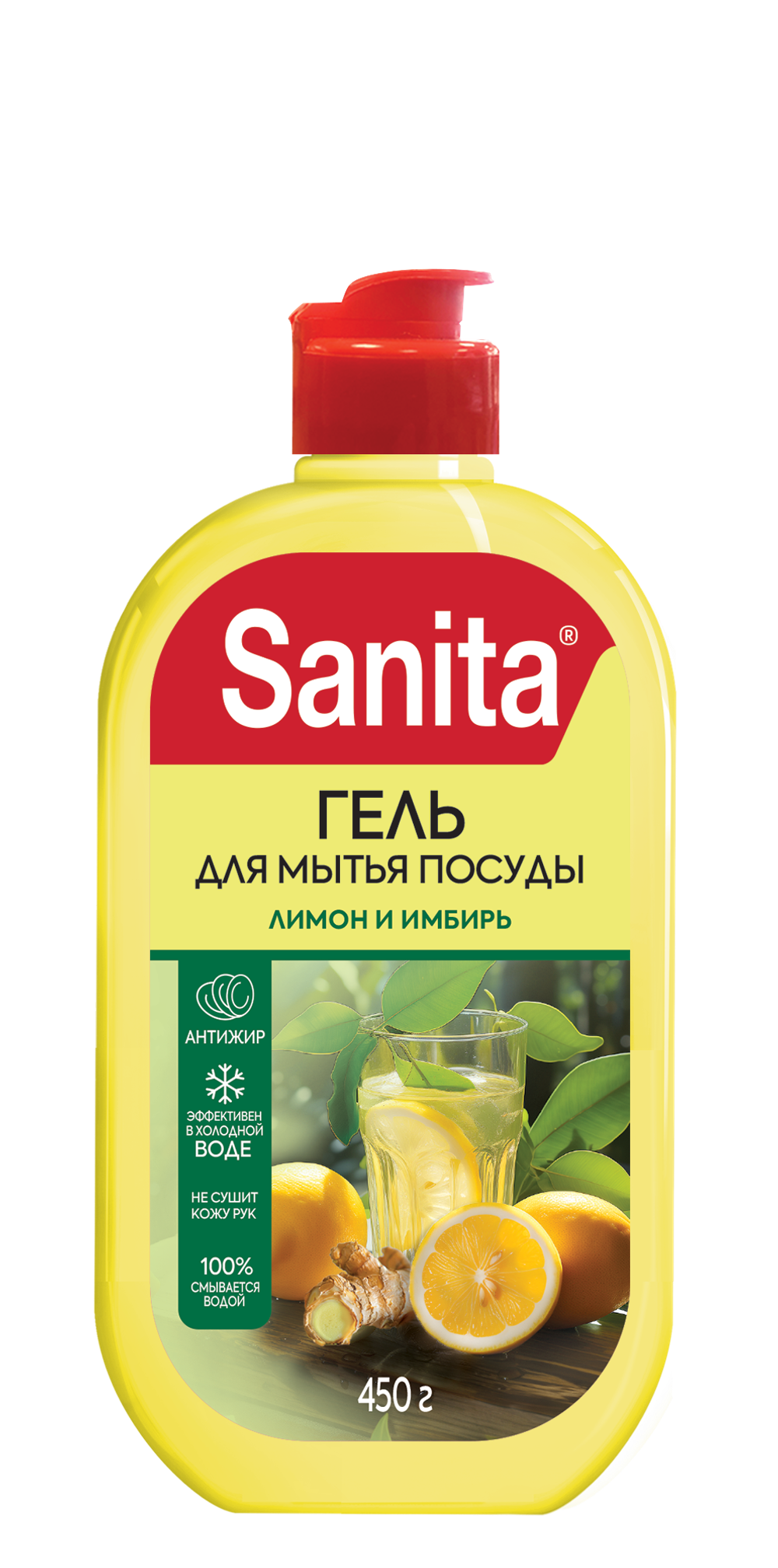SANITA средство для мытья посуды универсальное, Лимон и имбирь, 450 г