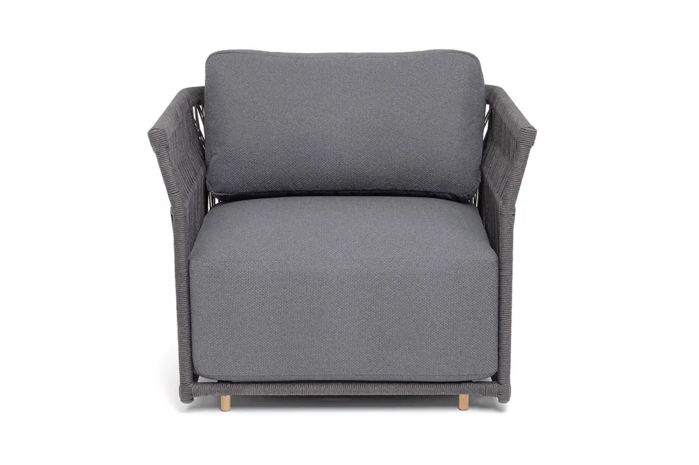 "Лугано" кресло плетеное из роупа, каркас алюминий темно-серый (RAL7024) муар, роуп темно-серый круглый, ткань темно-серая YB25-0027