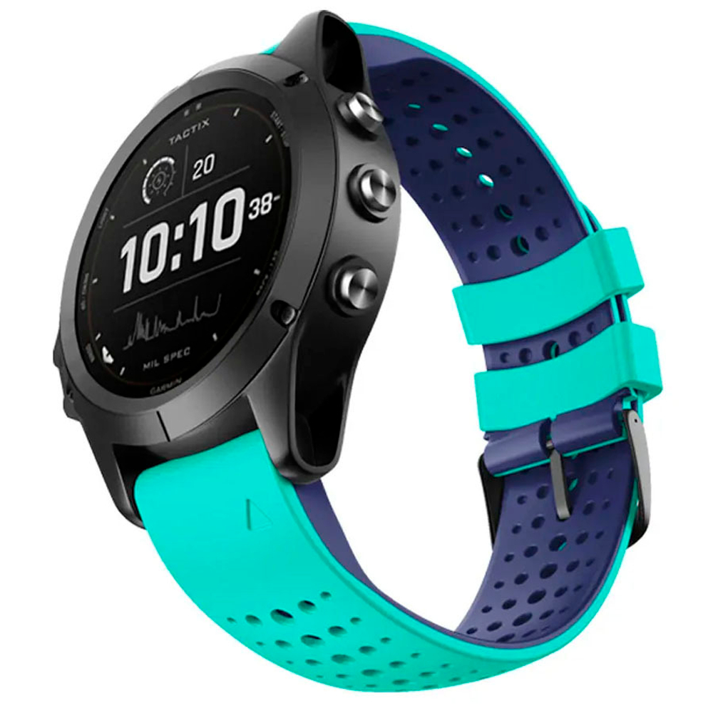 Ремешок дышащий Athlet 22 мм. для Garmin Fenix 7/6/5, EPIX 2, MARQ, Forerunner 935 / 945 / 955 / 965, instinct, instinct 2 двухцветный силиконовый быстросъемный(Бирюзовый/Синий)