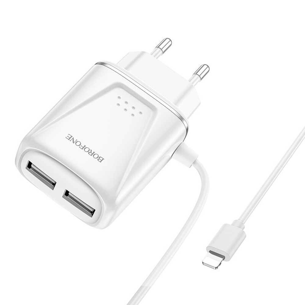 Сетевой адаптер питания BOROFONE BA50A 2USB 2.1A + встроенный кабель Lightning (белый)