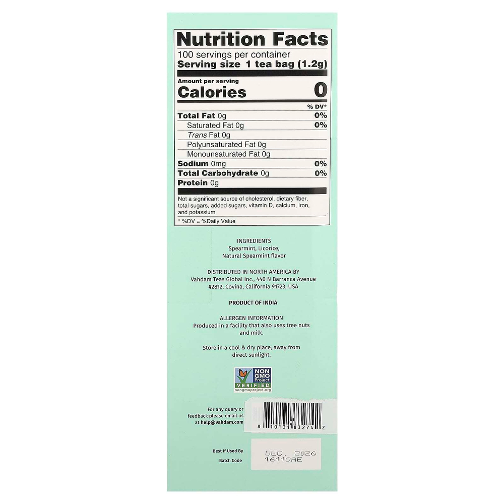 VAHDAM India, Infusions, травяной чай, мята колосистая, без кофеина, 100 пакетиков для заваривания, 120 г (4,23 унции)