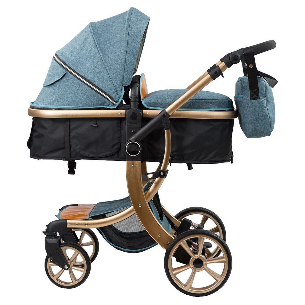 Коляска-трансформер Sweet Kids 608 2в1 Синий текстиль на золотой раме