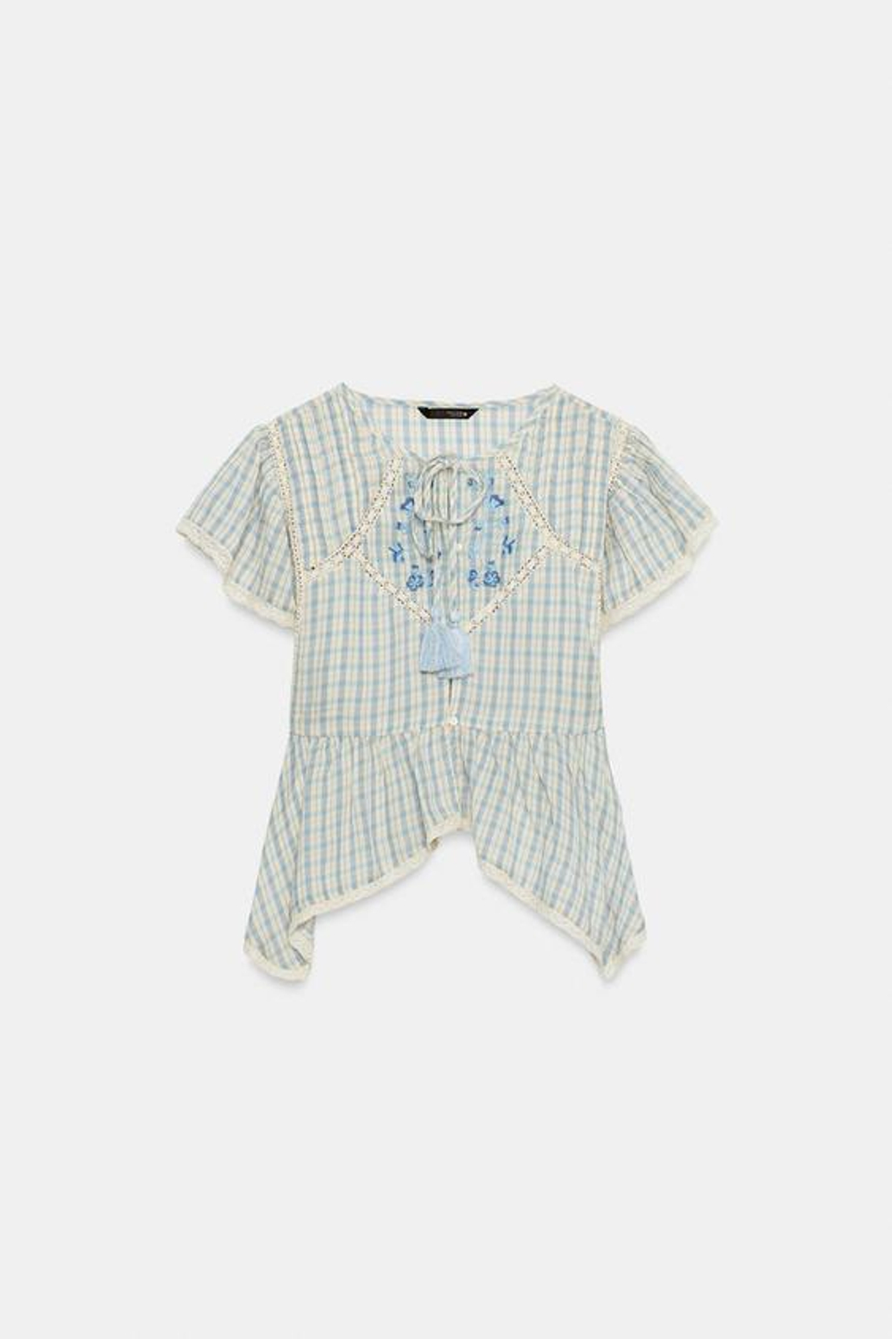 ZARA ТОП В КЛЕТКУ С ВЫШИВКОЙ И КРУЖЕВОМ, СИНИЙ/БЕЛЫЙ