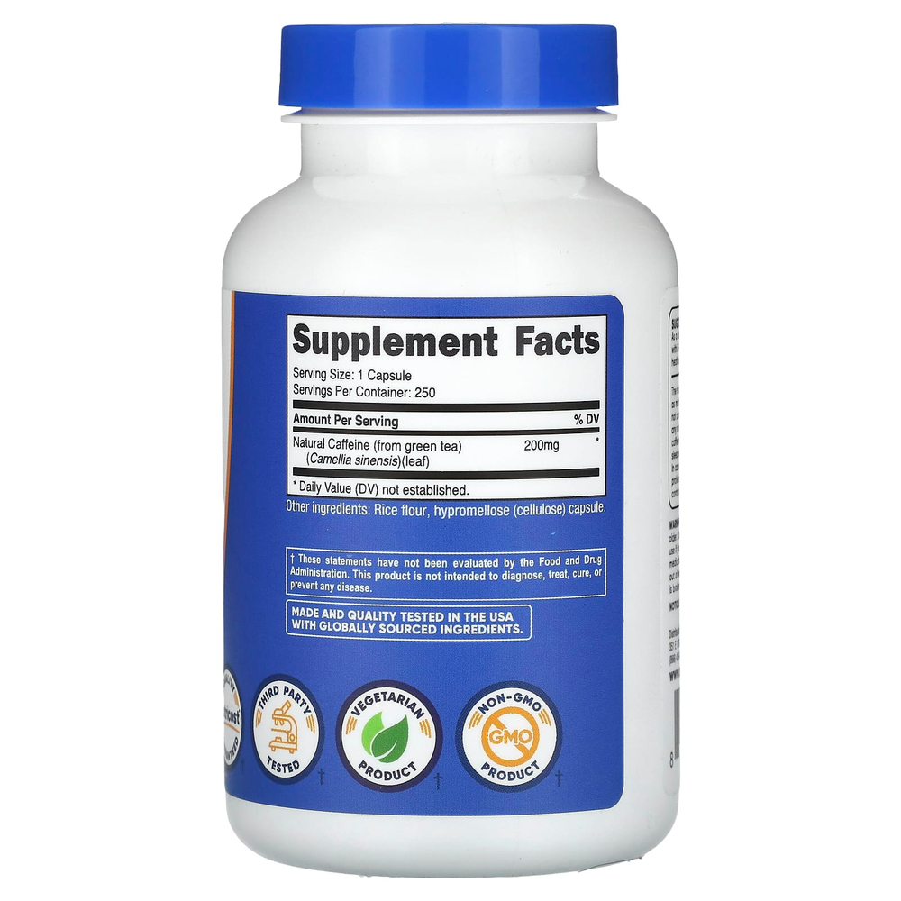 Nutricost, натуральный кофеин, 200 мг, 250 капсул