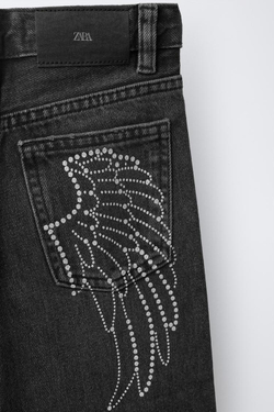 ZARA ДЖИНСЫ WIDE LEG С КРЫЛЬЯМИ И БЛЕСТКАМИ, ЧЕРНЫЙ