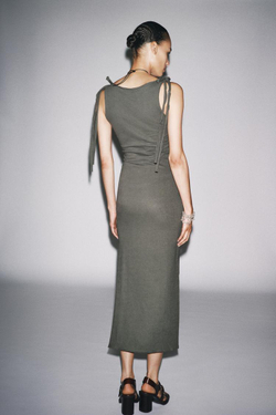 ZARA ПЛАТЬЕ С ПОЯСОМ И ЗАВЯЗКАМИ, ЗЕЛЕНЫЙ/СЕРЫЙ