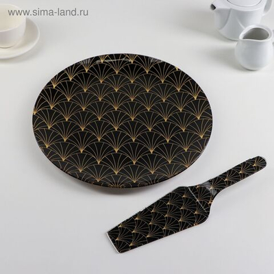 Тортовница стеклянная с лопаткой Доляна «Золотое перо», d=30 см, лопатка 26,5×7 см, цвет чёрный