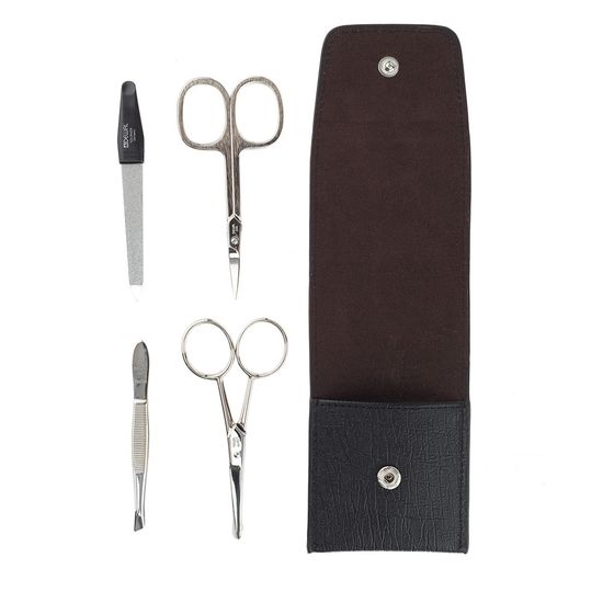 Маникюрный набор DEWAL, серии "FOR MEN" 4пр. Инструменты: ножницы для бороды и усов, пилка металлическая 9 см, пинцет скошенный, ножницы универсальные. Футляр: натуральная кожа, цвет черный