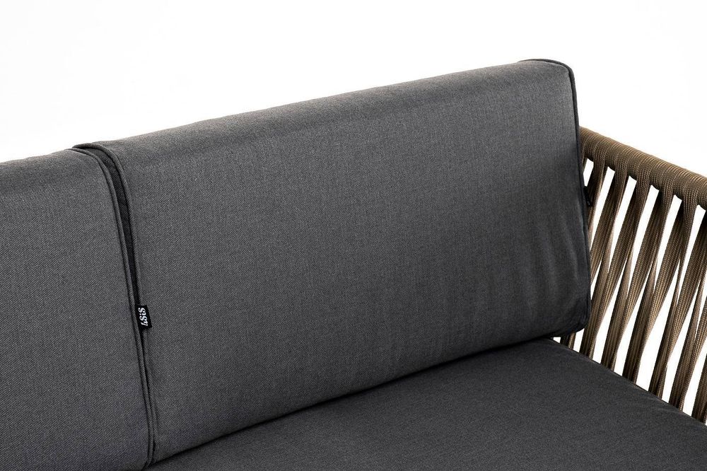 "Касабланка" диван 3-местный плетеный из роупа, каркас алюминий светло-серый (RAL7035) муар, роуп серо-коричневый 23мм, ткань серая 017