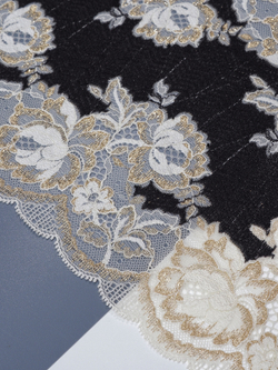 Эластичное кружево для белья черное с шампанью и золотым люрексом ширина 21 см