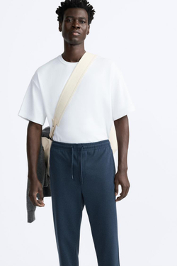 ZARA БРЮКИ EASY CARE С ПОЯСОМ НА ШНУРКЕ, СИНИЙ