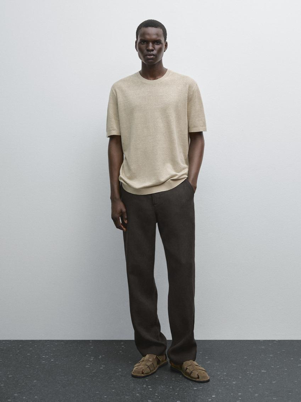 Massimo Dutti Трикотажная футболка с короткими рукавами из 100% льна, каменно-серый