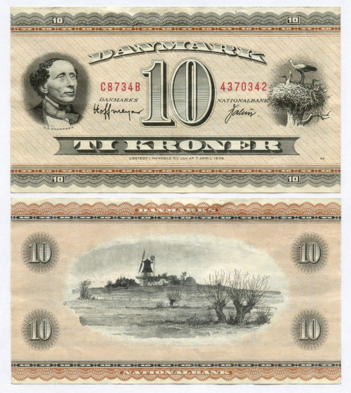 Банкнота Дания 10 крон 1951 (1973) год C8734B 4370342 (Андерсен). VF-XF