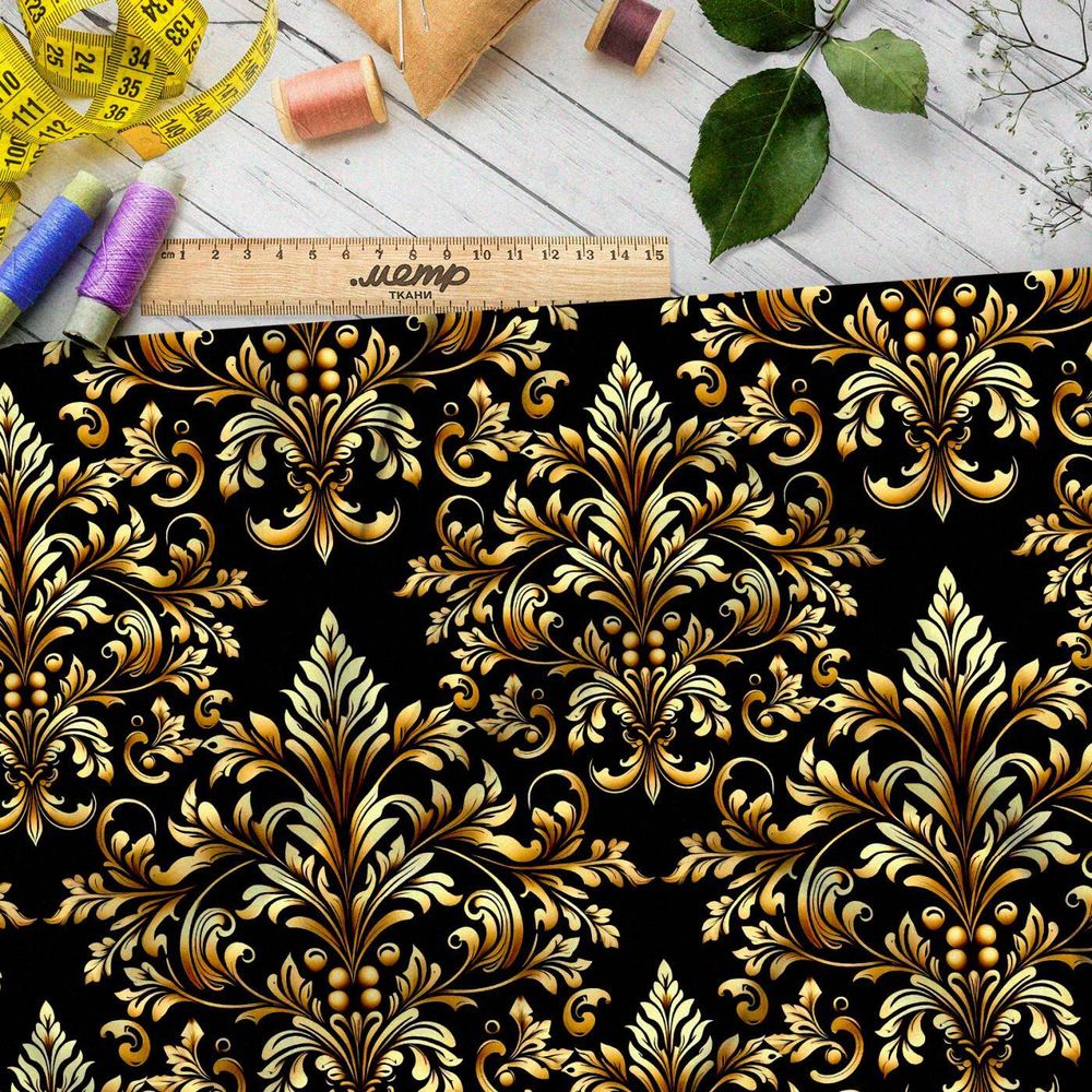 Ткань премиум габардин золотой орнамент на черном