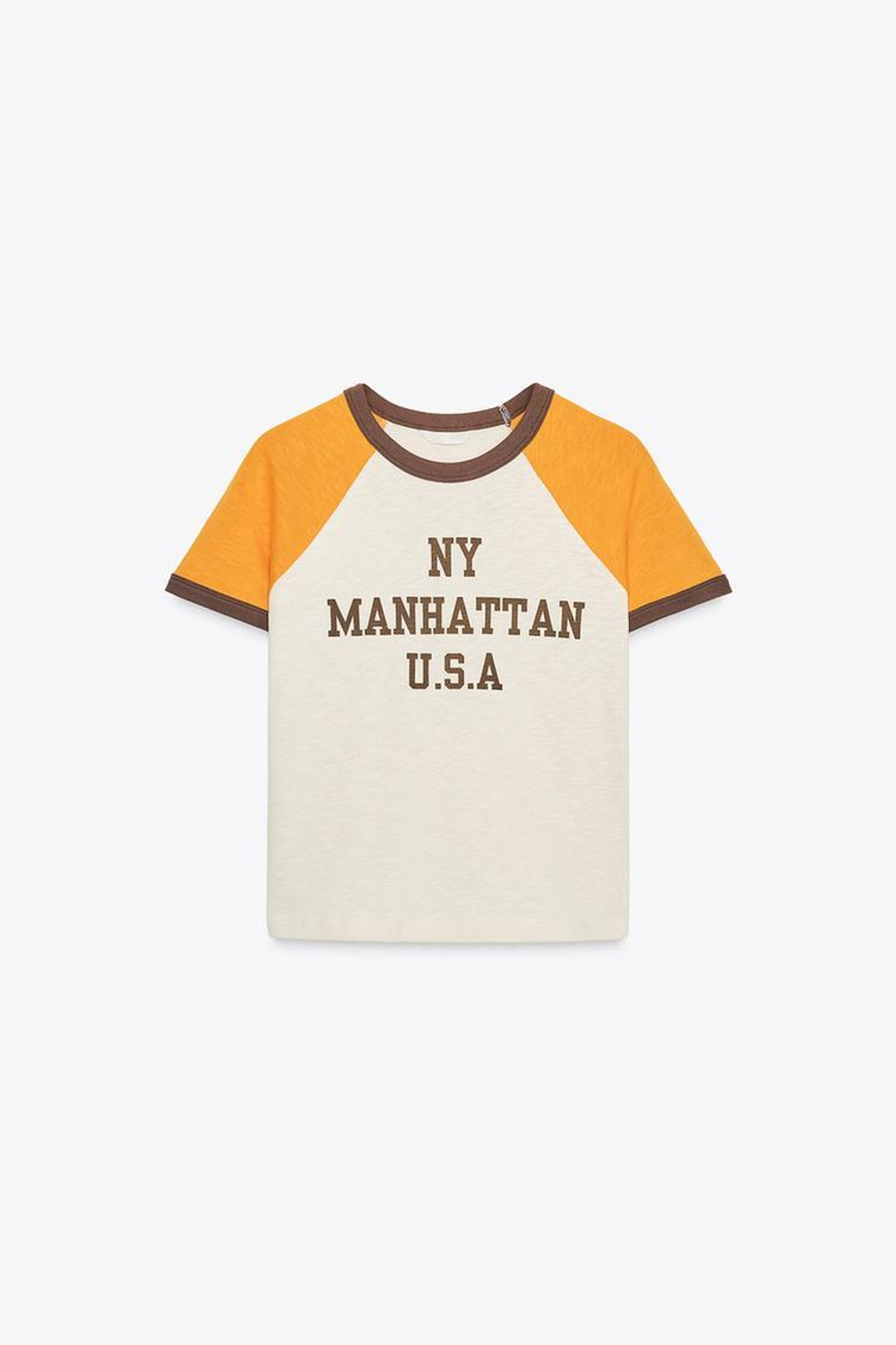 ZARA ФУТБОЛКА С НАДПИСЬЮ В РУБЧИК, БЕЛО-ОРАНЖЕВЫЙ