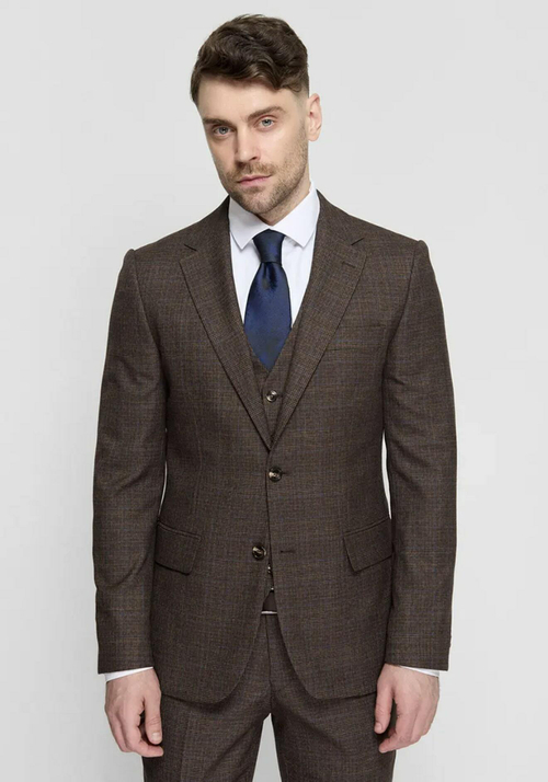 Мужской классический костюм тройка (коричневый) в клетку Б13