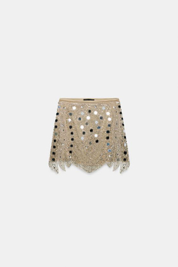 ZARA ТРИКОТАЖНАЯ МИНИ-ЮБКА С БУСИНАМИ, СЕРЕБРИСТЫЙ