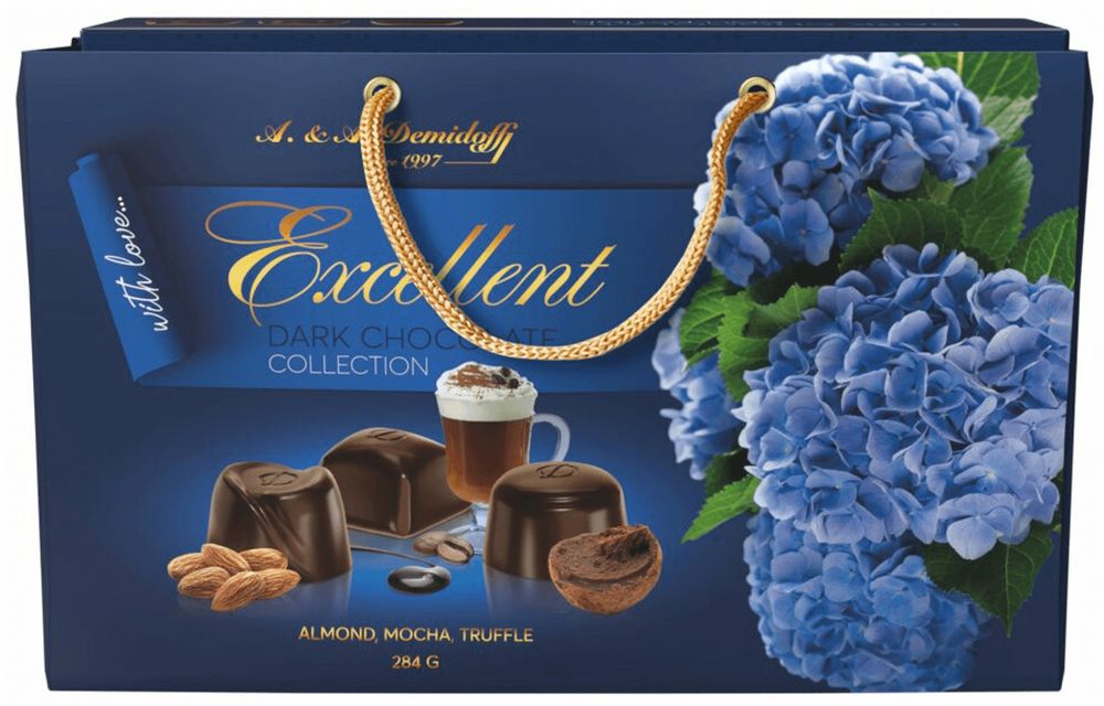 Ассорти конфет Demidoff из темного шоколада с начинками (трюфель, миндаль, мокко) в сумке 284г