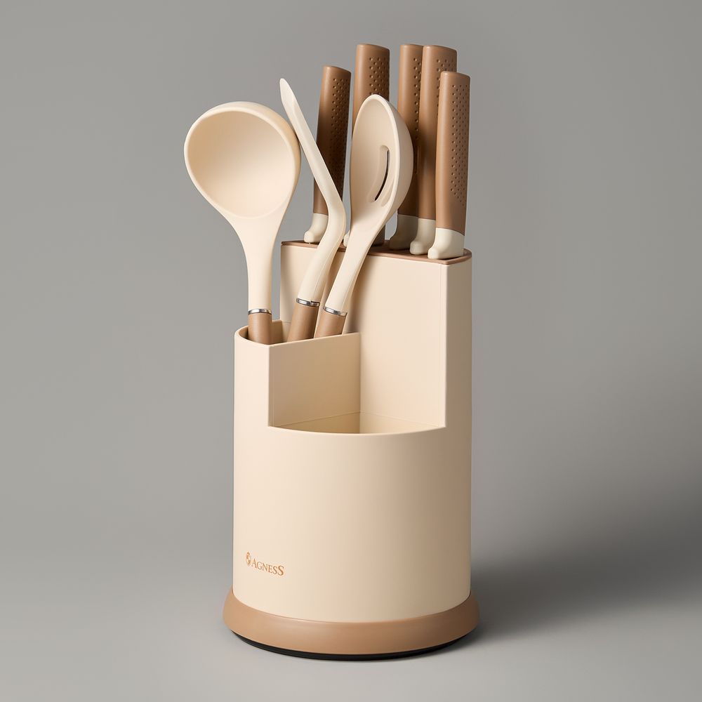 НАБОР AGNESS ИЗ 9ПР: 5 НОЖЕЙ, ПОЛОВНИК, ЛОПАТКА И ШУМОВКА, ВРАЩАЮЩАЯСЯ ПОДСТАВКА