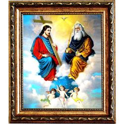 Бог - Отец,  Бог - Сын и Бог - Святой дух. Троица новозаветная. Икона на холсте.