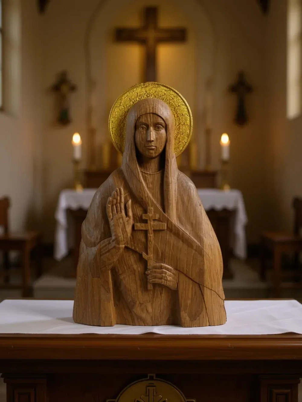 Освященная Икона мученицы Евгении Римской резная из дуба