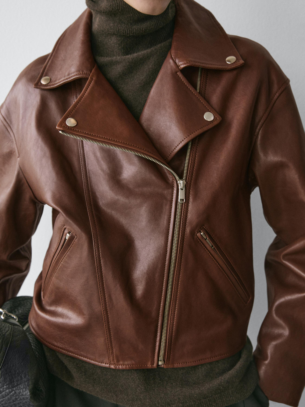 Massimo Dutti Куртка в байкерском стиле из кожи наппа, коричневый