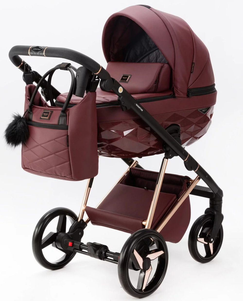 Детская коляска Adamex Quantum Superstar Deluxe 2 в 1 Q-STAR141-K (БОРДОВ.КОЖА+БОРДОВ.ДНО+РОЗОВ.ЗОЛОТО.РАМА)