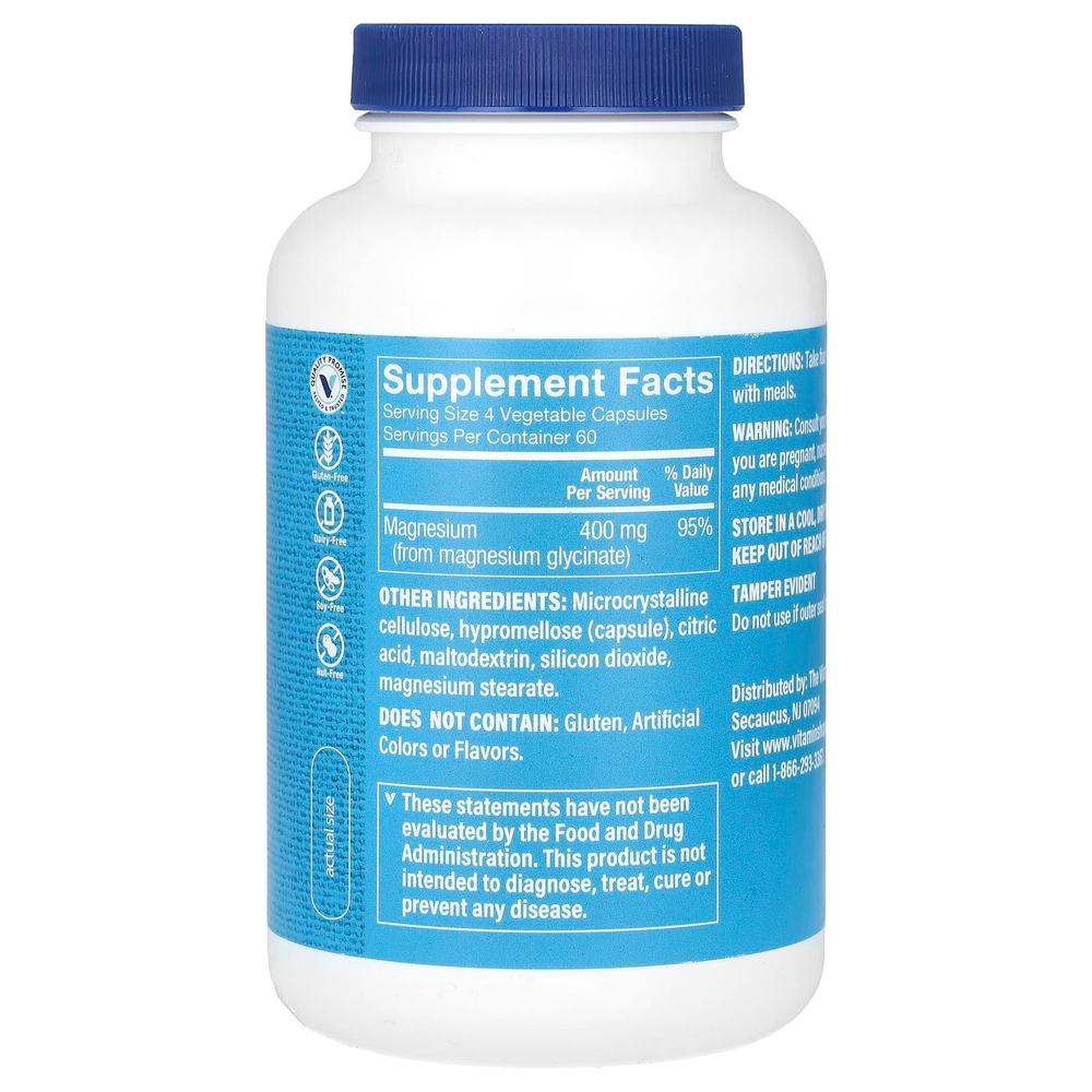 The Vitamin Shoppe, глицинат магния, 400 мг, 240 вегетарианских капсул (100 мг в 1 капсуле)