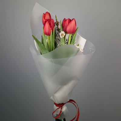 Букет из 5 Красных Тюльпанов и Хамелациума
