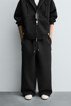 ZARA БРЮКИ INTERLOCK WIDE FIT, ЧЕРНЫЙ