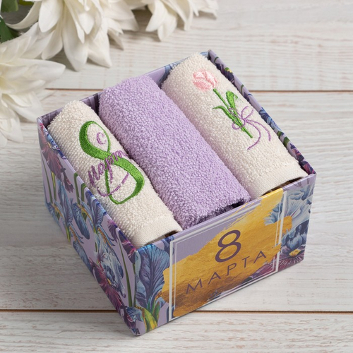 Набор полотенец «8 Марта» 30×30 см-3 шт., 100% хлопок 340 г/м²