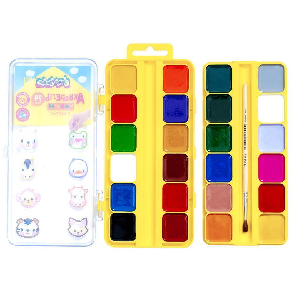 Акварель медовая 24 цвета, с кисточкой "Зверята" (Каляка-Маляка)