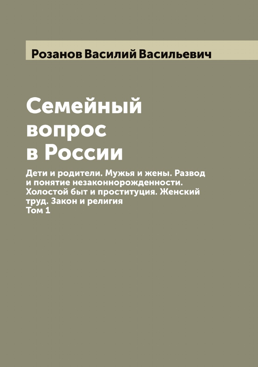 Семейный вопрос в России: Дети и родители. Мужья и жены. Развод и понятие незаконнорожденности. Холостой быт и проституция. Женский труд. Закон и религия. Том 1 | Розанов Василий Васильевич